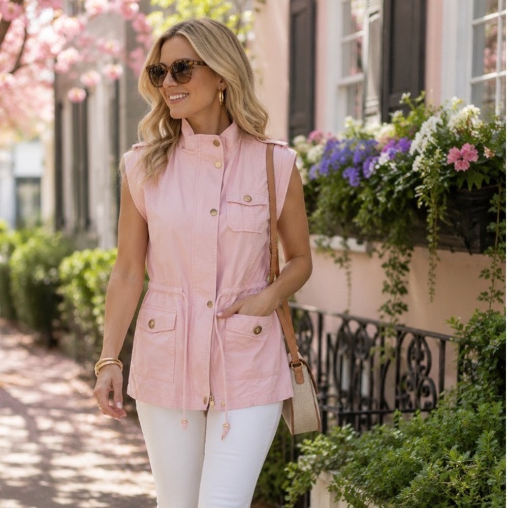 Cesttoi Pink Utility Vest Sleeveless Cargo Jacket with Drawstring Waist sz L